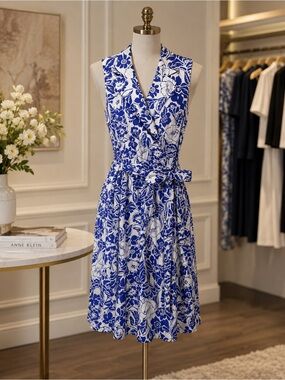 Anne Klein Size 6 Blue & White Floral Sleeveless Wrap Dress Belted Fit & Flare